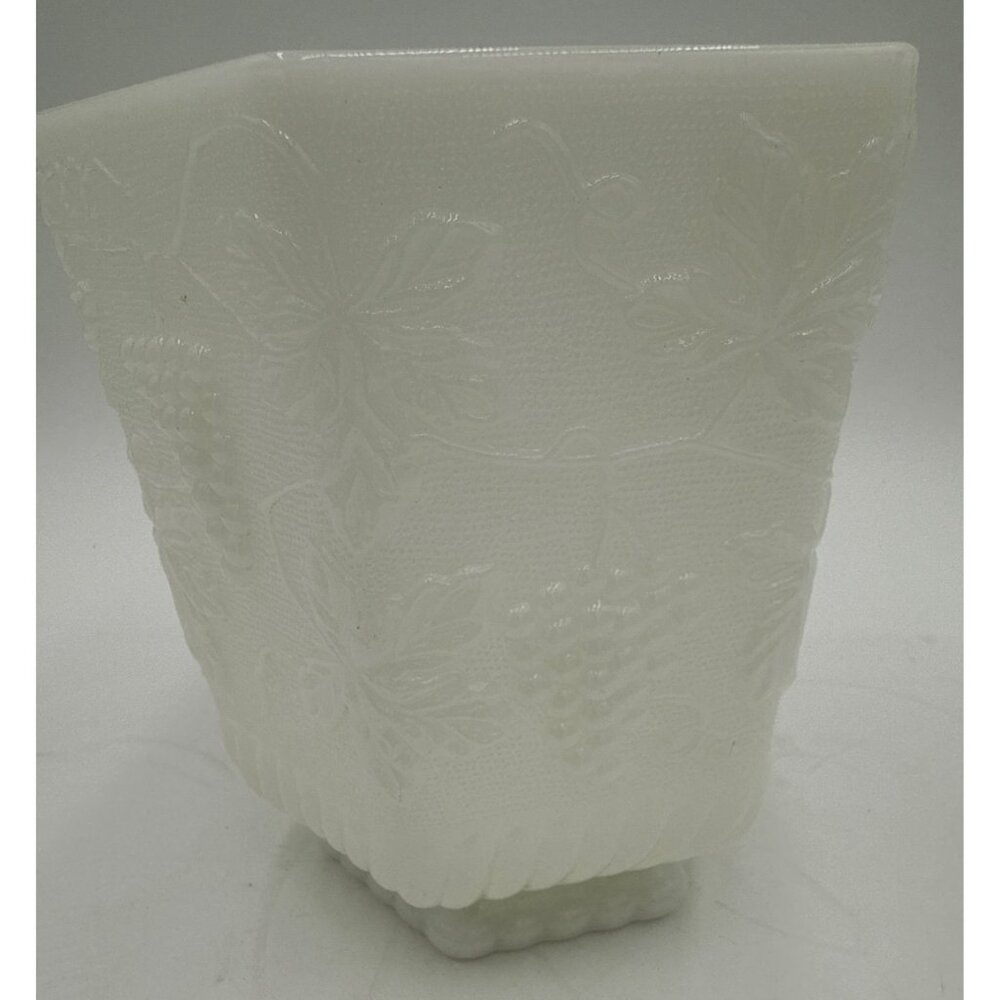 Anchor Hocking Fire-King Embossed Grape & Vine Pattern Milk Glass Hexagonal Vase